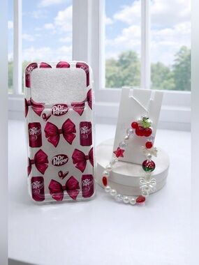 iPhone 17 Pro Dr Pepper Bow Phone Case + Beaded Cherry Bow Charm
